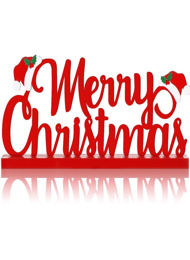 Realspring Merry Christmas Metal Sign Red Christmas Table Decoration Xmas Tiered Tray Decor Freestanding Metal Word Sign with Wooden Base for Xmas Home Tabletop Centerpiece Mantel Fireplace - Image 1